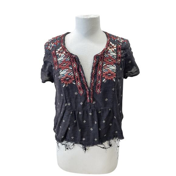 Free People Women’s Size Medium Embroidered Black V Neck Top With Raw Hem-Boho - Picture 1 of 11